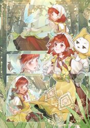  1girl absurdres ahoge animal animal_on_shoulder apron blue_butterfly bow bow_apron bowtie brooch brown_dress brown_eyes bug butterfly cat cat_on_shoulder chicken_print chinese_commentary cloak closed_mouth clothed_animal commentary_request commission country_lolita dancing day dress ear_covers eyelashes floral_print flower flower_brooch forest frilled_apron frilled_sleeves frills grass hair_flower hair_ornament hand_on_own_hip happy headscarf highres hood hood_up hooded_cloak infinity_nikki jewelry layered_sleeves lipstick lolita_fashion long_sleeves looking_ahead loose_hair_strand makeup medium_dress medium_hair momo_(nikki) multiple_views nature nikki_(series) orange_scarf outdoors pinafore_dress pink_lips print_apron print_scarf puffy_long_sleeves puffy_sleeves red_bow red_bowtie red_hair sample_watermark scarf shirt short_over_long_sleeves short_sleeves shoulder_bow skirt_hold sleeveless sleeveless_dress smile stardew_valley stardew_valley_encounter_(infinity_nikki) striped_clothes striped_scarf tall_grass traditional_bowtie watermark white_bow white_cat white_headscarf white_shirt yellow_apron yellow_bow yellow_cloak yellow_flower zhushang 