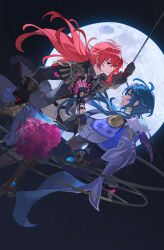  2boys antenna_hair black_gloves blue_eyes blue_hair bouquet closed_mouth dark-skinned_male dark_skin diluc_(genshin_impact) earrings full_moon fur_scarf genshin_impact gloves hair_between_eyes hair_over_shoulder highres holding holding_bouquet inseki jacket jewelry kaeya_(genshin_impact) long_hair long_sleeves low_ponytail male_focus midair mochuuuuuuu moon multiple_boys pants ponytail red_eyes red_hair single_earring smile step-siblings vest white_vest 