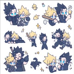  ... 105zz 2boys animal armor bandaid bandaid_on_cheek bandaid_on_face baseball_bat black_cat black_gloves black_hair black_jacket black_pants blonde_hair blue_eyes blue_shirt buster_sword cat cloud_strife cloud_strife_(midgard_seventh_high_school) commentary_request crisis_core:_final_fantasy_vii delinquent final_fantasy final_fantasy_vii final_fantasy_vii:_ever_crisis food full_body gakuran gloves green_scarf hand_on_another's_shoulder helmet holding holding_baseball_bat holding_food holding_popsicle holding_unworn_helmet jacket looking_at_another lying male_focus motion_lines multiple_boys multiple_views musical_note official_alternate_costume on_stomach pants popsicle running scarf school_uniform shinra_infantry_uniform shirt shoulder_armor simple_background sleeveless sleeveless_turtleneck sparkle spiky_hair spoken_ellipsis spoken_musical_note sweater sword sword_on_back thumbs_up turtleneck turtleneck_sweater unworn_headwear unworn_helmet upper_body weapon weapon_on_back white_background zack_fair zack_fair_(midgard_seventh_high_school) 