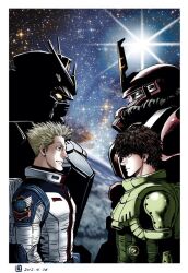  2012 2boys black_hair blonde_hair border daryl_lorenz earth_federation full_armor_gundam gundam gundam_thunderbolt io_fleming mecha mecha_pilot_suit mobile_suit multiple_boys normal_suit_(gundam) official_art ohtagaki_yasuo one-eyed profile radio_antenna red_eyes robot science_fiction short_hair space v-fin white_border yellow_eyes zaku_ii_(reuse_p_device) zeon 