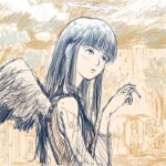  1girl angel angel_wings artist_request black_hair blush cigarette city clouds cloudy_sky eyebrows_visible_through_hair feathered_wings grey_wings ground_vehicle haibane_renmei halo long_hair motor_vehicle motorcycle non-web_source reki_(haibane) sky sleeveless smoking solo source_request static_cling tree wings 