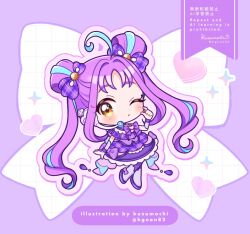  1girl ;o artist_name blue_hair blush boots border bow bowtie chibi chibi_only commentary cure_kyunkyun double_bun dress full_body grid_background hair_bow hair_bun hand_up heart kimi_to_idol_precure kuzumochi_(hgnon82) long_hair looking_at_viewer magical_girl multicolored_hair one_eye_closed outline outside_border pantyhose parted_lips plaid_bow precure purple_boots purple_border purple_bow purple_bowtie purple_dress purple_hair purple_outline purple_pantyhose shigure_kokoro short_sleeves signature solo sparkle streaked_hair twintails twitter_username two-tone_hair watermark white_background yellow_eyes 