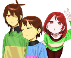  3others :o chara_(undertale) collared_sweater colored_skin commentary_request deltarune floating frisk_(undertale) hand_on_another's_shoulder heart_soma kris_(deltarune) looking_at_another multiple_others sweatdrop tagme undertale utdr_(toby_fox) v yellow_skin 