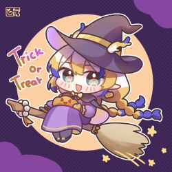  1girl :d antlers arknights black_capelet black_hat black_shoes blonde_hair blue_hair blush_stickers bow braid broom broom_riding capelet chibi commentary_request dress earrings full_body green_eyes grey_pantyhose haaiiro halloween halloween_bucket hat highres horns horns_through_headwear jack-o'-lantern jack-o'-lantern_earrings jewelry long_hair looking_at_viewer low_twintails multicolored_hair pantyhose pointy_ears purple_dress shoes shu_(arknights) smile solo star_(symbol) trick_or_treat twin_braids twintails two-tone_hair very_long_hair white_hair witch_hat yellow_bow 