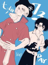  2boys belt black_hair blue_background closed_mouth coat commentary_request copyright_name dr._stone gloves hair_between_eyes hands_on_own_hips hat highres limited_palette looking_at_viewer male_focus multiple_boys nanami_ryuusui nanami_sai ninomae_gin pants partially_colored pirate pirate_hat red_coat shirt short_hair short_sleeves signature simple_background smile torn_clothes yellow_eyes 