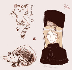  1970s_(style) 1girl black_dress black_hat blonde_hair cat closed_eyes closed_mouth coat dress fur-trimmed_coat fur_trim ginga_tetsudou_999 harlock_saga hat highres koto_(shiberia39) light_smile long_hair maetel paw_print paw_print_pattern queen_emeraldas retro_artstyle russian_clothes sketch sleeping sleeping_animal sleeping_on_person smile uchuu_kaizoku_captain_harlock very_long_hair 