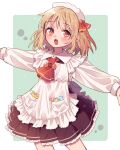  1girl :o ascot bangs blonde_hair blue_background blush candy commentary_request eyelashes food frills long_sleeves looking_at_viewer maid_headdress open_mouth orange_eyes outside_border outstretched_arms red_ascot rumia short_hair simple_background solo teeth touhou touya_(konpekitou) upper_teeth 