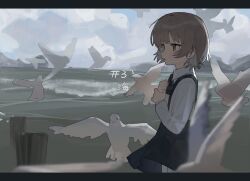  1girl ar2a bird black_bow black_bowtie black_skirt bow bowtie brown_eyes clouds cloudy_sky collared_shirt dock from_side grey_hair hatoba_tsugu highres long_sleeves ocean outdoors parted_lips profile seagull shirt skirt sky solo suspender_skirt suspenders tsugu_(vtuber) virtual_youtuber water waves white_shirt 