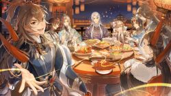  3girls 5boys :d ^_^ abalone absurdres animal_on_shoulder animal_print aqua_coat aqua_hanfu architecture bare_shoulders basket bird_print black_coat black_hair black_hanfu black_robe black_sash black_shirt blue_hanfu blue_robe bow-shaped_hair bowl brown_hair building chair changmingsuo chinese_clothes chinese_commentary chinese_food chopstick_rest chopsticks closed_eyes closed_mouth coat collarbone cooking_pot crossed_arms crossed_bangs cup curtained_hair daxiushan detached_sleeves dress earrings east_asian_architecture eating facial_mark feast feet_out_of_frame ferret fish_(food) flower folded_napkin food food_art forehead_jewel fur-trimmed_coat fur_trim green_eyes hair_between_eyes hair_bun hair_flower hair_ornament hair_stick half_updo hanfu head_on_hands head_rest high_ponytail highres holding holding_chopsticks holding_cup hua_yi_shanxin_zhiyue jewelry ji_yuanqi lantern lazy_susan light_blush light_particles light_smile ling_yan_ru long_hair long_sleeves looking_at_another looking_at_viewer looking_back mandarin_collar meat medium_hair mole mole_under_eye monocle multiple_boys multiple_girls night off-shoulder_dress off_shoulder offering_hand open_clothes open_coat orange_eyes paper_lantern parted_bangs parted_lips pearl_earrings peony_(flower) pink_flower pink_hanfu plate ponytail profile purple_hanfu purple_robe qixiong_ruqun railing red_lips red_ribbon ribbon robe sash see-through_cleavage see-through_clothes shirt shrimp sidelocks_tied_back single_hair_bun sitting sky_lantern smile soup spoon squirrel_fish standing swept_bangs table talking tassel teapot tiny_(0v0) upper_body v-shaped_eyebrows very_long_hair violet_eyes waist_sash wei_yang wen_siyu white_hair white_hanfu white_robe white_shirt wide_sleeves xiao_guan_(headdress) xuan_wangjun yellow_eyes yu_ze yuanlingpao yue_lian zhao_yang 