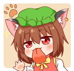  1girl animal_ear_fluff animal_ear_piercing animal_ears blush bow bowtie brown_hair cat_ears chen chibi commentary_request earrings hand_on_screen hat jewelry licking_screen long_sleeves looking_at_viewer red_eyes revision shirt short_hair solo sparkle tongue tongue_out touhou white_shirt yellow_bow yige_lurenjia 