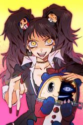  1girl bear_hair_ornament black_choker black_shirt bow choker collarbone commentary cosplay danganronpa:_trigger_happy_havoc danganronpa_(series) dark_persona earrings enoshima_junko enoshima_junko_(cosplay) godzillapigeon1 gradient_background gyaru_v hair_ornament hand_on_another's_head highres jewelry kujikawa_rise kuma_(persona_4) long_hair looking_at_viewer monokuma monokuma_(cosplay) open_mouth pearl_earrings persona persona_4 pink_background purple_hair red_bow red_nails shadow_(persona) shadow_kuma shadow_rise shirt smile teeth twintails two-tone_background upper_body upper_teeth_only v yellow_background yellow_eyes 
