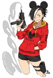  1girl animal_ears artist_name black_hair commentary_request cross cross_necklace disney fake_animal_ears gun hand_in_pocket happy_new_year highres holding holding_gun holding_weapon iwado_anna jewelry kamezaemon mickey_mouse_(symbol) mickey_mouse_ears multicolored_hair necklace original smoke smoke_trail solo streaked_hair weapon 