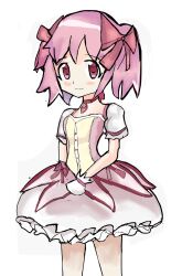  1girl closed_mouth drawing4justice gloves hair_ribbon highres kaname_madoka looking_at_viewer magical_girl mahou_shoujo_madoka_magica pink_eyes pink_hair ribbon smile solo white_gloves 
