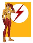  1boy bodysuit boots formal gloves goggles green_eyes highres jerome-k-moore jpeg_artifacts kid_flash knee_pads looking_at_viewer male_focus red_gloves red_goggles red_legwear redhead shoulder_pads smile suit superhero teenage wally_west yellow_bodysuit yellow_footwear young_justice 
