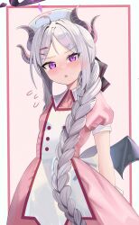  1girl absurdres ahoge alternate_costume alternate_hairstyle arms_behind_back black_halo blue_archive blush braid breasts buttons commentary_request cosplay cowboy_shot demon_girl demon_horns demon_wings dress duel_monster ento_(user_jjce7387) hair_between_eyes hair_ornament hair_ribbon hairclip halo hat head_tilt highres hina_(blue_archive) horns long_hair looking_at_viewer low_ponytail low_wings multicolored_halo nurse nurse_cap nurse_dragonmaid nurse_dragonmaid_(cosplay) open_mouth parted_bangs parted_lips ponytail purple_halo ribbon short_sleeves sidelocks simple_background single_braid small_breasts solo standing two-tone_dress two-tone_halo very_long_hair violet_eyes wavy_hair white_background white_hair wings wrist_cuffs yu-gi-oh! 