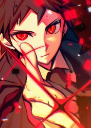  1boy absurdres black_jacket black_necktie brown_hair closed_mouth collared_shirt commentary cyacyacyacyaki danganronpa_(series) danganronpa_2:_goodbye_despair expressionless highres hinata_hajime jacket looking_at_viewer male_focus necktie red_background red_eyes shirt short_bangs short_hair solo sparkle super_danganronpa_2.5:_komaeda_nagito_to_sekai_no_hakaimono symbol-only_commentary tsurime v-shaped_eyebrows white_shirt 