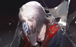  1boy absurdres blood blood_on_face commentary_request cross cross_necklace devil_may_cry_(series) devil_may_cry_4 hands_on_own_face highres jacket jewelry lin09 long_hair male_focus necklace nero_(devil_may_cry) simple_background solo white_hair 