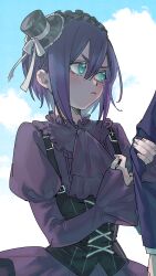  1girl alternate_costume aqua_eyes arm_hug ascot black_dress black_hairband blue_sky clouds commentary dr.k_(doctorkodok) dress frilled_hairband frilled_shirt_collar frills frown gothic_lolita hair_between_eyes hairband haraga_kurumi hat hat_ribbon highres juliet_sleeves kimi_no_koto_ga_dai_dai_dai_dai_daisuki_na_100-nin_no_kanojo light_blush lolita_fashion long_sleeves mini_hat mini_top_hat out_of_frame puffy_sleeves purple_hair ribbon short_hair sky sleeves_past_wrists solo_focus tilted_headwear top_hat white_ribbon 