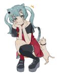  1girl ^^^ animal_(vocaloid) aqua_hair bangs bare_shoulders black_choker black_footwear black_legwear black_shirt blue_eyes blunt_bangs bow cat cat_hair_ornament cat_tail choker commentary_request cone_hair_bun double_bun dress drooling eyebrows_visible_through_hair facepaint hair_bow hair_bun hair_ornament hairclip hands_up hatsune_miku heart heart_choker highres long_hair multicolored_eyes off-shoulder_shirt off_shoulder omutatsu paw_hair_ornament red_dress red_legwear shirt shoes single_sock single_strap single_thighhigh socks solo squatting tail teeth thigh-highs v-shaped_eyebrows vocaloid white_cat yellow_eyes 