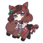  1girl :&lt; animal_ears bangs black_dress blush boots bow brown_eyes brown_footwear brown_hair brown_shirt chibi closed_mouth commentary dress ear_bow eyebrows_visible_through_hair full_body green_bow highres horse_ears horse_girl horse_tail juliet_sleeves long_sleeves looking_at_viewer multicolored_hair nice_nature_(umamusume) nozo_(hitomiz) puffy_sleeves red_legwear shirt simple_background sleeves_past_wrists socks solo streaked_hair stuffed_horse tail umamusume white_background 
