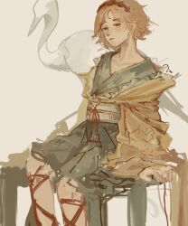  1other androgynous animal bird commentary crane_(animal) expressionless eyelashes feet_out_of_frame green_hakama green_kimono hair_rollers hairband hakama hakama_short_skirt hakama_skirt haori hatsburg highres invisible_chair jacket japanese_clothes kimono layered_sleeves leg_ribbon len'en light_blush long_hair looking_at_viewer nostrils obi orange_hair orange_jacket other_focus parted_lips realistic red_eyes red_hairband red_ribbon ribbon sash short_hair short_kimono simple_background sitting skirt solo waist_ribbon white_background white_sash wide_sleeves zuifeng_tenkai 