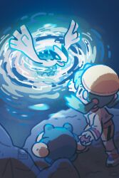  bike_shorts bird commentary english_commentary hat highres holding holding_poke_ball kris_(pokemon) lugia petite_echorizon poke_ball poke_ball_(basic) pokemon pokemon_(creature) pokemon_focus pokemon_gsc poliwhirl shorts twintails water whirlpool yellow_hat yellow_shorts 