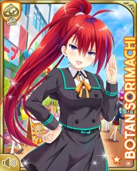  1girl bike_shorts black_eyes black_skirt card_(medium) character_name crossed_arms girlfriend_(kari) jacket looking_at_viewer miniskirt multicolored_hair neck_ribbon official_art orange_ribbon qp:flapper red_hair ribbon school_uniform shirt skirt solo sorimachi_botan standing streaked_hair white_shirt 