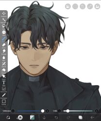  1boy art_program_in_frame black_coat black_eyes black_hair black_shirt coat curtained_hair deadpan hair_between_eyes highres looking_at_viewer male_focus nadardoh omniscient_reader's_viewpoint open_clothes open_coat parted_lips screenshot shirt short_hair solo yoo_joonghyuk 