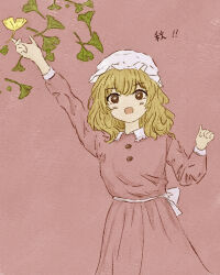  1girl arm_up autumn autumn_leaves blonde_hair blush bow buttons clenched_hand collared_dress contrast_collar dress excited falling_leaves frilled_shirt_collar frills fushianatan hair_between_eyes happy hat highres leaf long_dress long_sleeves looking_at_viewer maribel_hearn medium_hair mob_cap open_mouth purple_background purple_dress sash sleeve_cuffs solo standing touhou translated white_bow white_hat white_sash yellow_eyes 