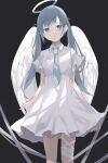  1girl anataa angel_wings aqua_eyes aqua_hair bangs blue_necktie collared_dress commentary_request cowboy_shot dress eyebrows_visible_through_hair grey_background halo hatsune_miku highres low_twintails necktie solo standing twintails vocaloid white_dress white_wings wings 