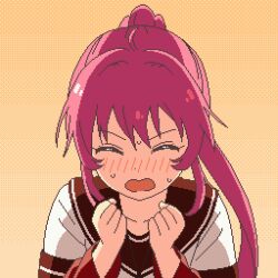  1girl ahoge blush brown_sailor_collar clenched_hand closed_eyes collarbone commentary_request embarrassed furrowed_brow hair_intakes hands_up highres long_hair long_sleeves looking_at_viewer nanamori_school_uniform open_mouth pixel_art ponytail purple_hair sailor_collar sailor_shirt school_uniform shirt simple_background solo sugiura_ayano sweatdrop upper_body white_shirt yellow_background yuru_kaze yuruyuri 