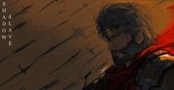  1boy anvil_(shadow_slave) armor backlighting beard black_hair cloak copyright_name facial_hair furrowed_brow highres logicsterrr male_focus motion_blur portrait red_cloak serious shadow_slave short_hair solo sword too_many_weapons weapon 