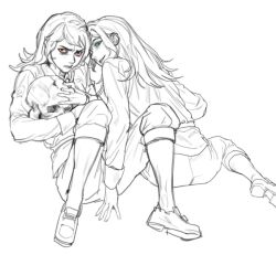  2boys abaddon_(haunted_hotel) blue_eyes coat commentary_request dual_persona haunted_hotel holding holding_skull knees_up korean_commentary long_hair looking_at_viewer male_focus multiple_boys priest's_son_(haunted_hotel) red_eyes rickorty_08 simple_background sitting skull white_background 