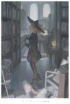  1girl 2others black_footwear black_headwear black_legwear book bookshelf cat commentary_request full_body glasses hat holding holding_book krenz library multiple_others orange_hair original shoes witch_hat 