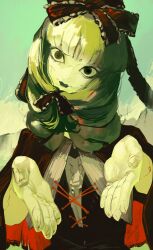  1girl absurdres black_dress bow capelet crack cracked_skin dress frilled_bow frilled_ribbon frills front_ponytail green_eyes green_hair green_lips hair_bow hair_ribbon highres hotoke_party kagiyama_hina red_bow red_capelet red_ribbon ribbon shirt touhou white_shirt 