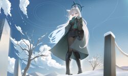 1girl absurdres adjusting_scarf ahoge alternate_costume animal_ear_fluff animal_ears bag black_boots black_coat black_halo black_shirt black_skirt blue_archive blue_eyes blue_scarf blue_sky boots breasts broken_halo building clouds coat cross cross_hair_ornament dark_halo extra_ears fathertrex from_below grey_hair hair_between_eyes hair_ornament halo hand_in_pocket handbag highres inverted_cross large_breasts long_hair looking_at_viewer miniskirt mismatched_pupils outdoors pantyhose parted_lips scarf shiroko_terror_(blue_archive) shirt skirt sky skyscraper sleeves_past_wrists snow solo tree winter winter_clothes wolf_ears wolf_girl 