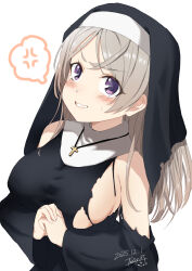  1girl absurdres anger_vein armpit_cutout black_dress breasts clothing_cutout commentary_request conte_di_cavour_(halloween)_(kancolle) conte_di_cavour_(kancolle) cross cross_necklace dress dyson_(edaokunnsaikouya) grey_hair highres jewelry kantai_collection large_breasts latin_cross long_sleeves necklace nun official_alternate_costume speech_bubble spoken_anger_vein torn_clothes torn_dress violet_eyes 
