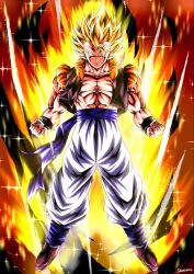  1boy aura black_vest blue_sash clenched_hands cropped_vest dragon_ball dragon_ball_z full_body gogeta green_eyes highres male_focus medium_hair metamoran_vest muscular muscular_male pants sash solo soumarudb spiky_hair super_saiyan super_saiyan_1 vest white_pants 