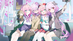 4girls absurdres bare_legs beige_sweater black_pantyhose blue_eyes blunt_bangs blush book bow brown_jacket cardigan castorice_(honkai:_star_rail) closed_mouth coria elysia_(honkai_impact) embarrassed evernight_(honkai:_star_rail) eyebrows_visible_through_hair eyes_visible_through_hair flower gradient_hair green_eyes hair_between_eyes hair_ornament hand_puppet hand_up highres holding_animal holding_book honkai:_star_rail honkai_(series) hyacine_(honkai:_star_rail) jacket knees_together long_hair long_sleeves open_mouth pantyhose petals pink_eyes pink_hair plaid plaid_skirt puppet purple_hair raised_eyebrows red_eyes red_skirt ribbon sailor_collar school_uniform selfie selfie_stick short_hair short_sleeves sitting smile stelle_(honkai:_star_rail) sweater v white_hair white_pantyhose white_shirt