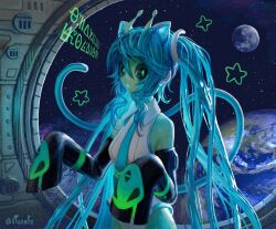 1girl alien animal_ears antennae aqua_hair black_sclera cat_ears colored_sclera colored_skin detached_sleeves earth_(planet) fake_text galaxy glorpi_miku_(dyarikku) green_eyes green_skin hatsune_miku highres illusolis leotard long_hair necktie planet sleeves_past_wrists solo space spacecraft_interior star_(sky) star_(symbol) tail twintails vocaloid 