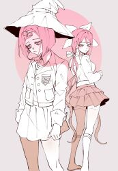 2girls blush bow breasts chabashira_tenko collared_jacket collared_shirt commentary_request danganronpa_(series) danganronpa_v3:_killing_harmony depressed eyelashes gem_hair_ornament grey_background hair_ornament hair_ribbon hairband hamipuro hat hat_belt highres jacket kneehighs layered_skirt long_hair long_sleeves looking_back looking_down low_twintails mole mole_under_mouth monochrome multiple_girls partial_commentary pink_theme pleated_skirt red_theme ribbon sailor_collar school_uniform shirt short_hair simple_background skirt socks standing twintails very_long_hair witch_hat yumeno_himiko yuri 