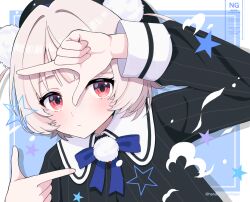  1girl blonde_hair closed_mouth commentary_request finger_frame hair_ornament kokotora_(namaho911) long_sleeves looking_at_viewer neck_ribbon pinstripe_pattern pinstripe_shirt pom_pom_(clothes) pom_pom_hair_ornament red_eyes ribbon shirt solo star_(symbol) ui_(voisona) upper_body voisona 