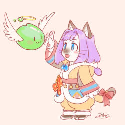  1girl :3 animal_ears barefoot blue_eyes blush bow brown_coat cat_ears cat_girl cat_tail coat commentary_request full_body furry furry_female grey_background halo niginigi open_mouth poporing purple_hair ragnarok_online red_bow signature simple_background slime_(creature) smile solo spirit_handler_(ragnarok_online) tail tail_bow tail_ornament traditional_halo whiskers wings yellow_halo 