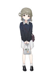  1girl absurdres bag bagged_fish black_shoes black_sweater blush brown_bag brown_eyes brown_hair closed_mouth collared_shirt fish flower full_body goldfish hair_flower hair_ornament hair_rings hashtag-only_commentary hatoba_tsugu highres holding holding_bag light_smile loafers long_sleeves looking_at_viewer medium_hair mole mole_under_eye outdoors plastic_bag pleated_skirt shirt shoes shoulder_bag simple_background single_hair_ring skirt socks solo split_mouth standing sweater tsugu_(vtuber) v_arms virtual_youtuber white_background white_flower white_shirt white_skirt white_socks yuk1_(nonon_yukiii) 