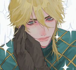 1boy aqua_sweater argyle_clothes argyle_sweater black_gloves blonde_hair blue_eyes closed_mouth diego_brando gloves hair_between_eyes hand_on_own_cheek hand_on_own_face highres jojo_no_kimyou_na_bouken lips looking_at_viewer male_focus medium_hair portrait retsujoh solo sparkle steel_ball_run sweater turtleneck turtleneck_sweater white_background 