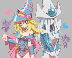  2boys 2girls bad_id bad_pixiv_id blonde_hair blue_hat chibi dark_magician_girl duel_monster gloves grey_background grey_hair hair_over_one_eye hat heart kmtakpk long_hair multiple_boys multiple_girls muto_yugi silent_magician simple_background tabard white_gloves white_hat white_tabard wizard_hat yami_yugi yu-gi-oh! 