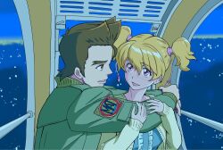  amusement_park blonde_hair blunt_bangs breasts brown_hair cardigan chinen_daisuke couple dating ferris_wheel fresh_precure! hair_tie hands_on_another's_shoulders highres hug ishdwiwboy jacket lace-trimmed_shirt lace_shirt lace_trim long_sleeves looking_at_another momozono_love night night_sky open_cardigan open_clothes parted_bangs pink_eyes precure shirt short_hair sideways_face sitting sky swept_bangs twintails upper_body wheel 