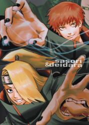  2boys akatsuki_uniform black_headband black_nails black_robe blonde_hair blue_eyes brown_eyes character_name closed_mouth commentary_request deidara_(naruto) extra_mouth furrowed_brow hair_over_one_eye headband highres light_smile long_hair male_focus multiple_boys nail_polish naruto_(series) naruto_shippuuden outstretched_hand parted_lips ponytail puppet_strings red_hair rfb_345orororo ringed_eyes robe sasori_(naruto) short_hair teeth tongue tongue_out upper_body 