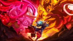  2boys 2kartz absurdres animal_ears animal_nose antennae bald chest_fur cloud_clothes colored_skin dougi dragon_ball dragon_ball_super dragon_ball_super_super_hero furry furry_male gloves highres jumpsuit knuckles_the_echidna multiple_boys muscular muscular_male namekian no_eyebrows orange_piccolo orange_skin pants pectorals piccolo pink_fur pointy_ears purple_jumpsuit purple_pants red_eyes red_shoes sash shoes short_tail soap_shoes sonic_(series) sonic_the_hedgehog_(classic) spiked_gloves super_knuckles tail teeth violet_eyes white_gloves 