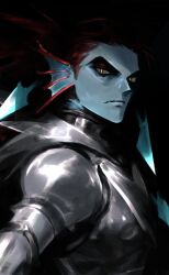  1girl armor arrow_(projectile) black_background blue_skin colored_skin commentary_request eyeshadow fang fang_out fins fish_girl head_fins highres looking_back makeup my_nameisyoon red_eyeshadow red_hair solo undertale undyne undyne_the_undying upper_body utdr_(toby_fox) yellow_eyes 